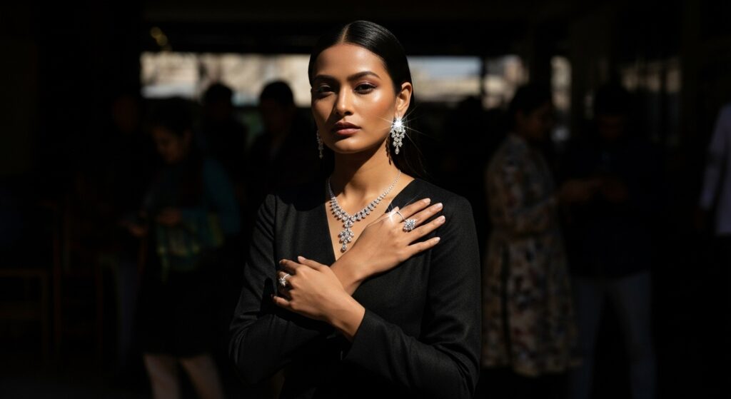 Nepali woman wearing elegant diamond jewellery, illuminated by bright spotlight against dim, blurred crowd background, showcasing luxury and uniqueness.